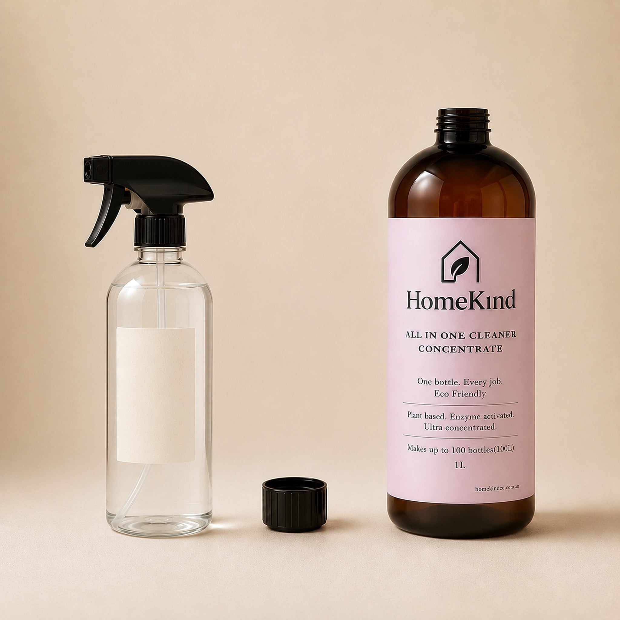 A made up HomeKind spray bottle, ready to use