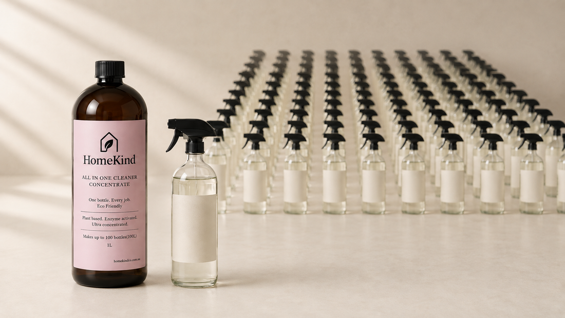 One litre of HomeKind concentrate beside the spray bottles it makes