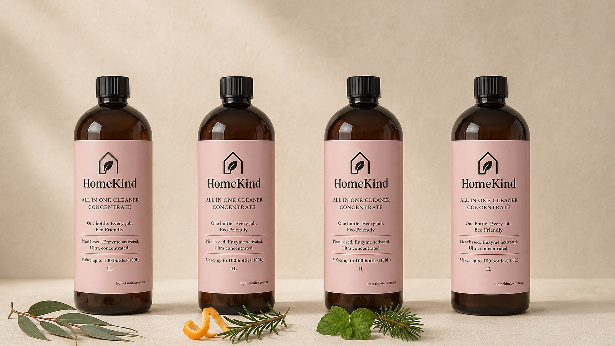 The four HomeKind scents lined up: Lemon Myrtle, Mandarin Peel, Peppermint and Fragrance Free
